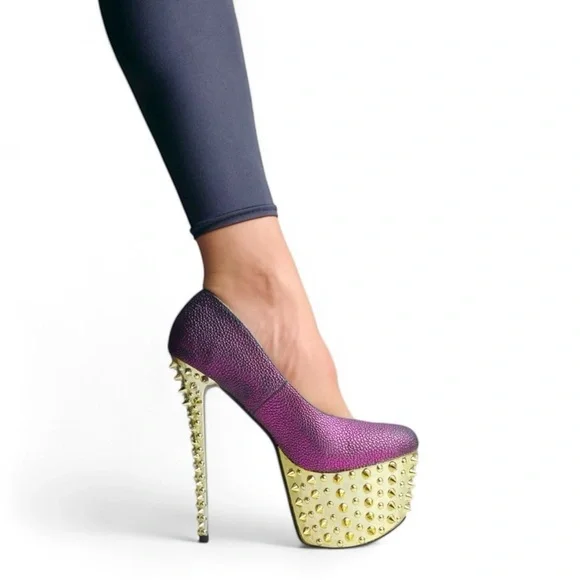 ❤️ NEW REDKISS Purple and Gold Spiked Heels Stiletto Embossed Snake Texture Pump - Picture 3 of 5